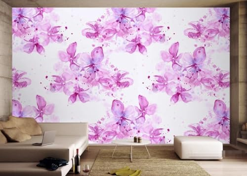MIWEI Wallpaper Papier Peint Panoramique Aquarelle Fleurs Violettes Peintes À La Main Papier Peints Intissé Decoration Murale Chambre Salon 350x256cm-M222990