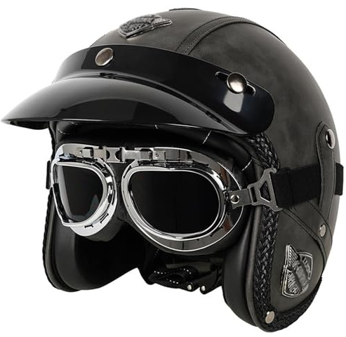 Leder Jethelm Retro Helm mit Brille Leder-Jethelm 3/4-Motorrad-Halbschutzhelm für Erwachsene Abnehmbare Krempe ECE-Zulassung Sturzhelme für Männer und Frauen Moped Roller L,M