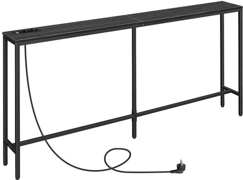 MAHANCRIS Konsolentisch mit Ladestation, 180 cm schmaler Sofatisch, industrieller Eingangstisch mit USB-Anschlüssen, Sofa-Beistelltisch für Eingang, Flur, Foyer, Wohnzimmer, Schwarz ACTHB18UE01