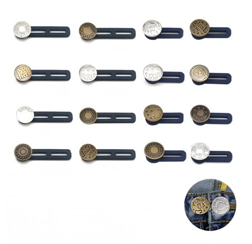 16 Stück Hosenbunderweiterung Knopf - Verstellbarer, Elastischer Hosen Expander Button für Jeans, Röcke, Hosen, Hosenknopf Verlängerung ohne Nähen, Silikon und Edelstahl