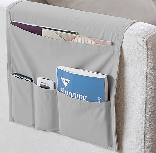 KICPUK Piccola borsa per divano, rivista con telecomando, riviste, salvaspazio, double face, in tela, organizer da appendere con scomparti multipli per divano, sedia e poltrona, colore grigio