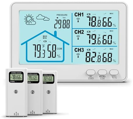 Stazione Meteo con 3 Sensore Esterno, barometro termometro e igrometro，Stazione Meteo Termometro Igrometro Interno Metereologica，Termometro Digitale Igrometro Umidità Con Previsioni Meteo,