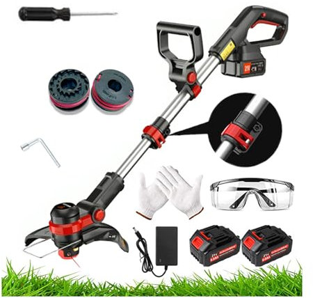 Tagliabordi a Batteria 21V, Kit Decespugliatore Elettrico con 2 Batterie, Occhiali Protettivi, Guanti, Bobine di Ricambio