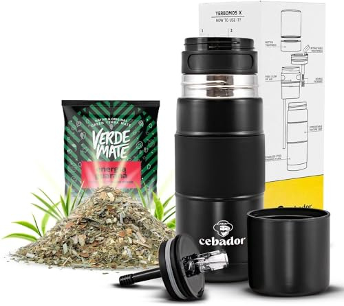 Kit yerba maté Yerbomos X noir 450 ml et Verde Mate Green Guaraná 50 g | Un coffret nomade 3-en-1 avec gourde thermos, bombilla intégrée et un échantillon de yerba maté de 50 g