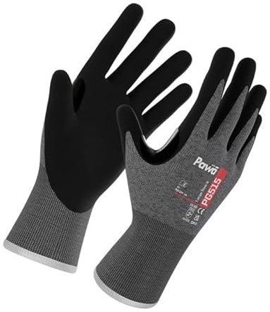 Pawa PG515 Gloves – Cut Level E Safety Gloves with Oil-Resistant Sandy Nitrile Grip – Engineering & Construction Work Gloves - Black - Medium