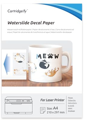 Cartridgeify Wassertransferpapier Laser A4 Transparent, 18 Blatt DIY-Folie, für Tassen, Spielzeugmodelle, Teller, Glas, Kerzen, Kunststoff, für Laserdruckern
