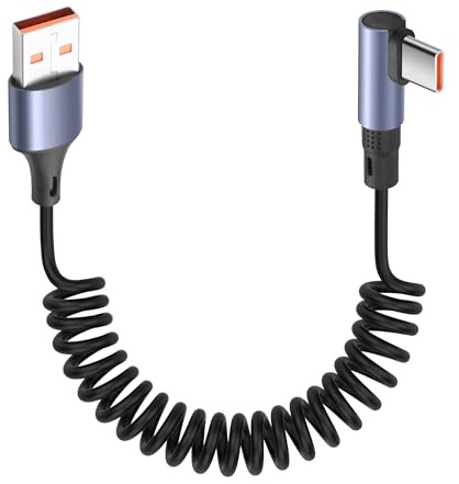 YACSEJAO 90 grader USB A till USB C spiralkabel 9,2 FT 6 A/65 W snabb laddning och dataöverföring infällbar högervinkel USB typ C kort kabel för telefon, PC, Android Auto (USB A rak)