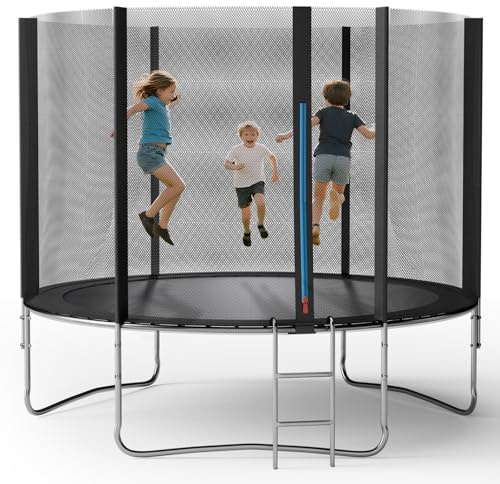Soontrans Trampoline d'extérieur Ø 305 cm - Trampoline de jardin pour enfants avec échelle, clôture de sécurité, barres rembourrées, trampoline de sol pour enfants - Charge maximale : 150 kg