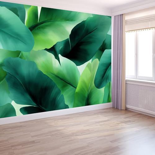 Verde Arte murale moderna carta da parati panoramica 200 x 140 cm Foglie Banano Acquerello Semplici Murali in tessuto non tessuto carta da parati fotografica da parete murale, per soggiorno camera