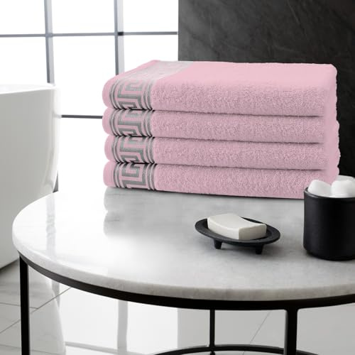GC GAVENO CAVAILIA Greek Key Bath Towels 4 Pack – Large 500 GSM Towels with Quick Dry & Super Absorbent Finish, Soft 100% Egyptian Cotton Bathroom Towel Set, Luxurious Feel - 66 x 115 CM - Blush Pink