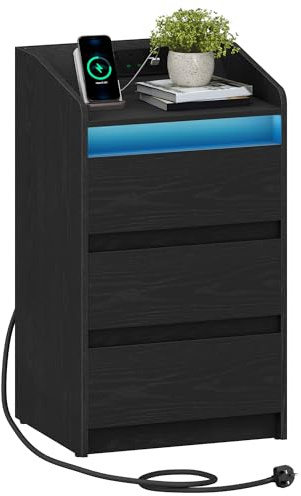 Hzuaneri Bedside Table with 3 Drawers, Bedside Cabinet, Side Table with Charging Station and LED, 2 AC and 2 USB Ports, Nightstand for Bedroom, Living Room, End tables, Black NS40004XUK