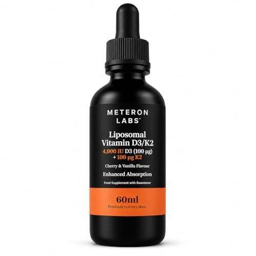 Liposomal Vitamin D3 & K2 Liquid Drops | 4000 IU High Strength | 60 Day Supply | Vitamin K2 MK7 (VitaMK7®) | Vegan D3V® Algal Vitamin D3 | Bone, Muscle & Immune Support | Meteron Labs® UK