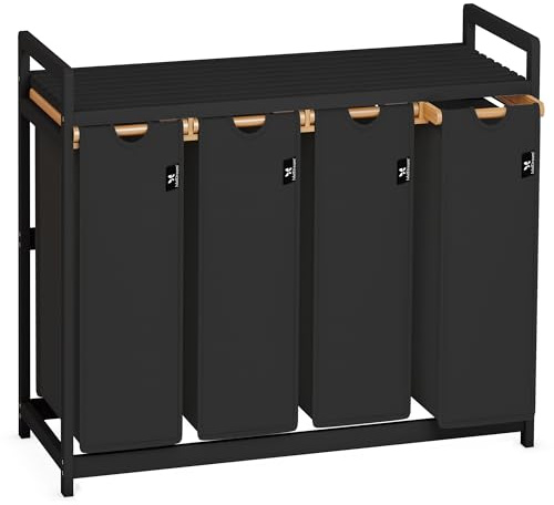 AdelDream Tvättkorg 200 l, 4 fack tvättkorg med hylla, bamburam | Tvättsorterare med 4 x 50 l fack, utdragbar avtagbar, hylla upp till 60 kg, färg svart och svart