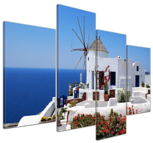 Bilderdepot24 Bild auf Leinwand | Griechische Mühle in 120x80 cm 4 tlg. als Wandbild XXL | Wand-deko Dekoration Wohnung modern Bilder | 16052