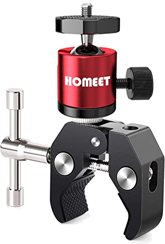 Homeet Bras Magique Caméra Pince Mini Super Clamp Appareil Photo Tête Rotule avec 1/4” & 3/8” Vis Adapteur Ecrou, Support Fixation Caméra pour Appareil Photo Moniteur LED Flash Clamp Pince, Rouge