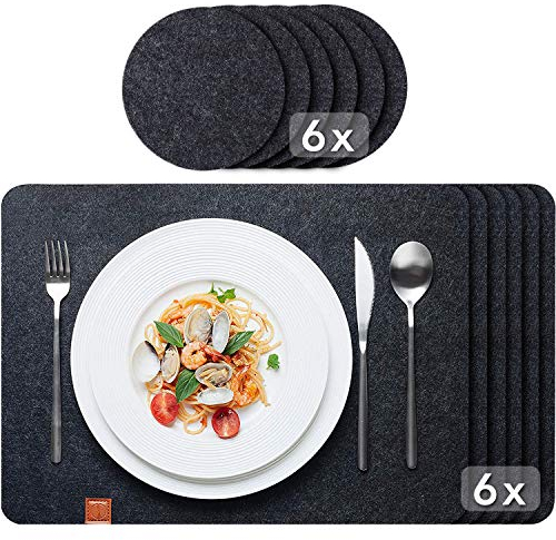 Sidorenko Edles Platzset aus Filz mit Untersetzer - 12er Set anthrazit - Tischset Abwischbar 44x32cm - Filzuntersetzer - abwaschbare Tischuntersetzer Platzdeckchen - grau Filzmatte