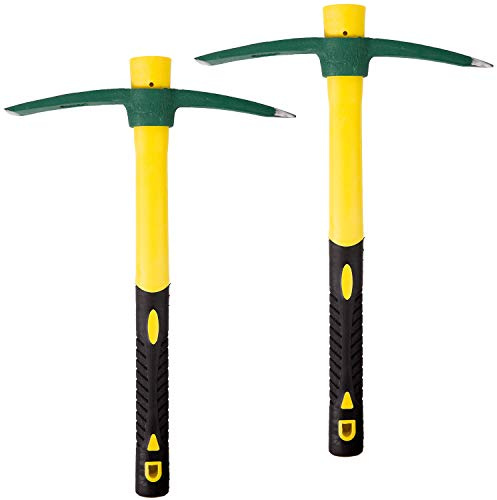 2 Packs 15 Inch Pick Mattock Hoe, KINJOEK 1.5Lbs Forged Weeding Garden Pick Axe with Fiberglass Handle for Digging Loosening Soil, Gardening, Camping or Prospecting