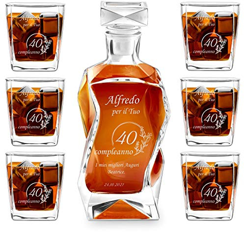Maverton Set Decanter per Whisky in vetro - da 700 ml - incisione personalizzata - Caraffa con 6 bicchieri - idea regalo per il compleanno - per l’ uomo - Dei campi