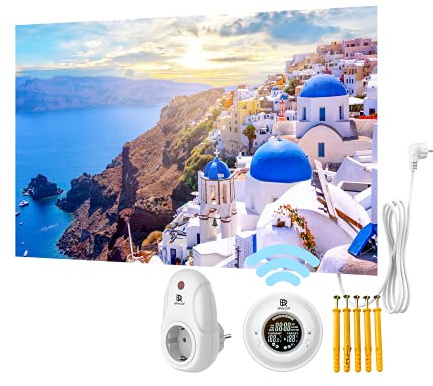 BR Bringer Bild Infrarotheizung rahmenlos 800 Watt & Thermostat mit Fernbedienung - Bildheizung mit UV Druck - 100x60x1,8cm - Santorini, Griechenland