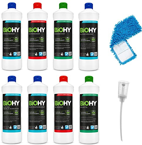 Kit complet de produits de nettoyage BiOHY avec doseur et serpillière de 40 cm (8 x 1 L) | Nettoyant pour salle de bain, fenêtres et sols | puissant & efficace | nettoyants bio durables