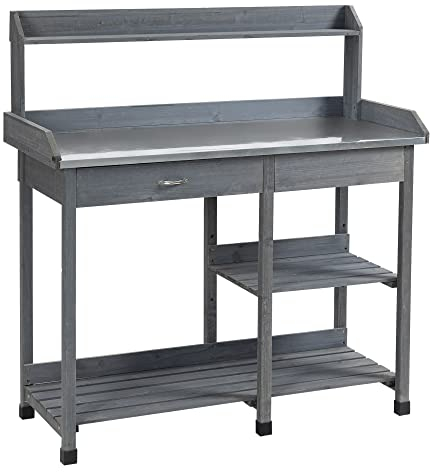 Outsunny Garden Potting Table, Wooden Workstation Bench w/Galvanized Metal Tabletop, Drawer, Storage Shelves and Hooks for Patios, Courtyards, Balcony
