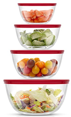 JoyJolt Kitchen Mixing Bowls - 8pc Glass with Lids Set – Neat Nesting Large Bowl Batter Cooking Storage and Big Salad BPA-Free Red