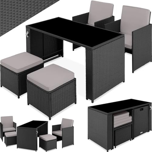 tectake Poly Rattan Sitzgruppe, 5- teiliges Lounge Gartenmöbel Set mit Tisch, Sessel & Hocker, Essgruppe für bis zu 4 Personen, Garten und Balkon Möbel inkl. Polster - schwarz/grau