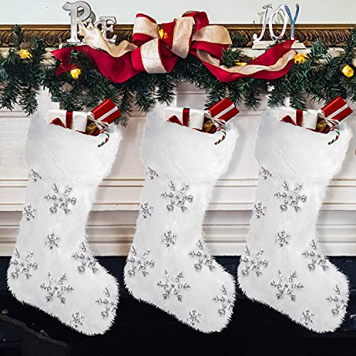 DTYDECL 3 Pack Christmas Stockings, White Faux Fur Large Plush Hanging Glitter Snowflake Xmas Stockings Name Tags for Christmas Fireplace Personalized Decorations Socks