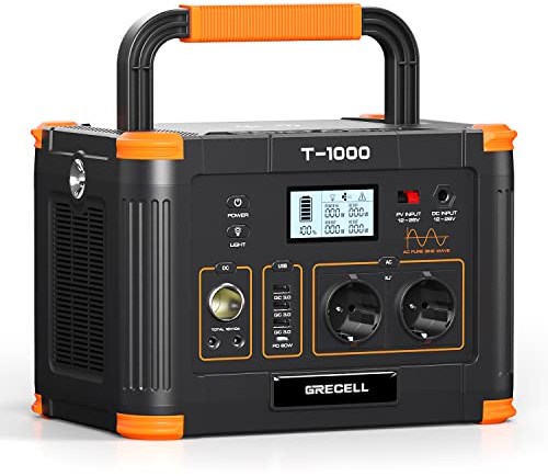 GRECELL Powerstation 1000W 999Wh Solargenerator,10-Anschlüsse Mobile Stromerzeuger Draußen,2 AC-Anschlüsse,60W USB-C PD Port,LED Licht Camping,Stromversorgung mehrerer Geräte,T-1000,Schwarz,orange