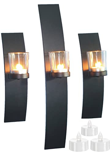Novaliv 3X Wandkerzenhalter + 3X LED Teelichter 6 x 10,5 x 39 cm Schwarz LED Kerze Teelichterhalter aus Metall mit Glas Kerzenhalter Dekoration Wanddeko Vintage Deko Teelicht LED Licht Wandhalter