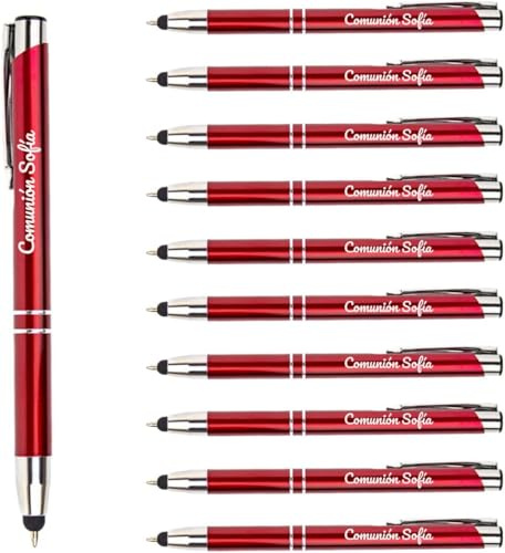 Packs 200 bolígrafos PERSONALIZADOS con texto o nombre | Color rojo y puntero para dispositivos móviles | Grabado a láser | Lote bolígrafos publicitarios y merchandising, eventos: comuniones, bodas...