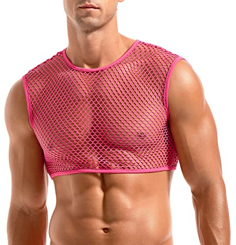 Amy Coulee Camiseta corta de red para hombre, chaleco sexy de malla transparente, sin mangas, camiseta sin mangas para fiesta