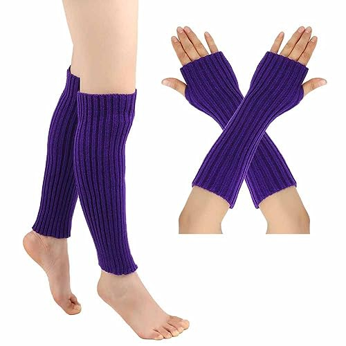 SHTGOI Beinstulpen und Pulswärmer Set Baumwolle Strick Beinwärmer Fingerlose Handschuhe Winter Arm Handwärmer Legwarmer Bein und Arm Stulpen für Yoga-Tanzen Turnhalle Ausübt Halten Warm Dunkles Lila