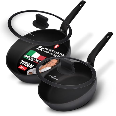 ZWIEGER Tiefes Pfannenset Induktion – TITAN Schmorpfannen Set mit hohem Rand: 24 und 28 cm mit Deckeln, Edelstahlboden, für alle Herdarten geeignet – Antihaft, PFOA- & PFOS-frei, Spülmaschinenfest