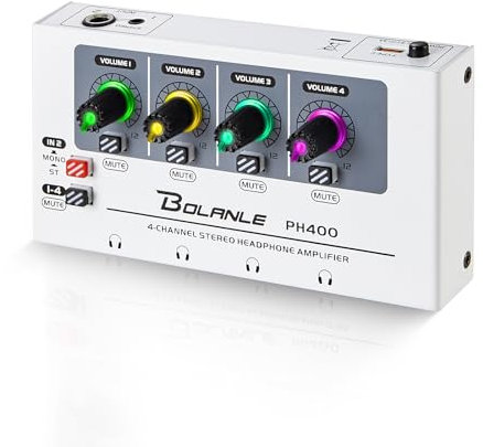 Bolanle PH400 Amplificatore per cuffie a 4 canali con 8 porte di uscita, jack da 3,5 mm e 6,35 mm, interruttore mono/stereo, luce respiratoria a 7 colori