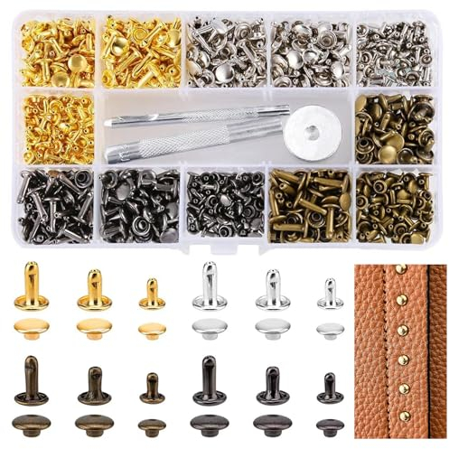 360 Set Leder Nieten Doppelkappe Rivet 3 Größen Nieten für Leder Ledernieten Metallnieten Set Doppelkappe Nieten Set mit 3 Stück Fixierung Werkzeug Hohlnieten für DIY Lederhandwerk Kleidung Dekoration