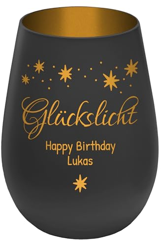 Graviertes Windlicht Glückslicht - personalisierbar mit Wunschtext - Schwarz/Gold - Höhe 12 cm - Geschenk Teelichthalter Kerzenglas