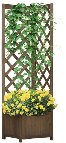 Outsunny Wooden Raised Garden Bed with Trellis, 57 Freestanding Corner Planter Box for Vine Plants Flowers Climbing and Planting Carbonized