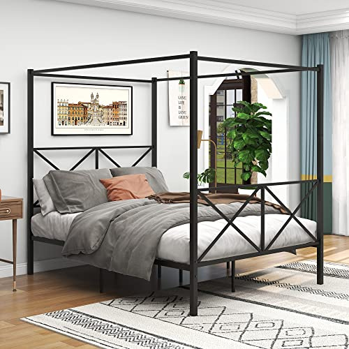 JELUTE Struttura letto a baldacchino king size con testiera e pediera in metallo, stile moderno, piattaforma per letto a doghe resistenti, colore nero