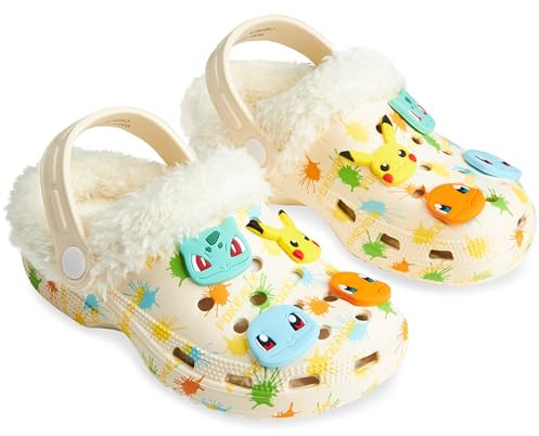 Pokemon Boys Clogs with Removable Fur Lining & Charms, Anime Gifts for Boys (Cream/Multi, 1 UK)