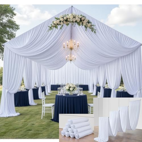 Htper 10 Panels 5x20ft White Ceiling Drapes for Weddings, Wrinkle Free Thick Polyester 20 ft Extra Long Ceiling Curtains Canopy Tent Draping Fabric Arch Drapery for Birthday Big Party Events Decor