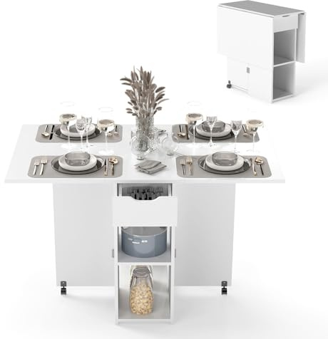 GIANTEX Mesa de Comedor Plegable, Mesa de Cocina Móvil con 2 Ruedas Universales, con 1 Cajón y 2 Estantes, Mesa de Madera con Tablero Extensible, para Comedor, Salón, Dormitorio (Blanco)