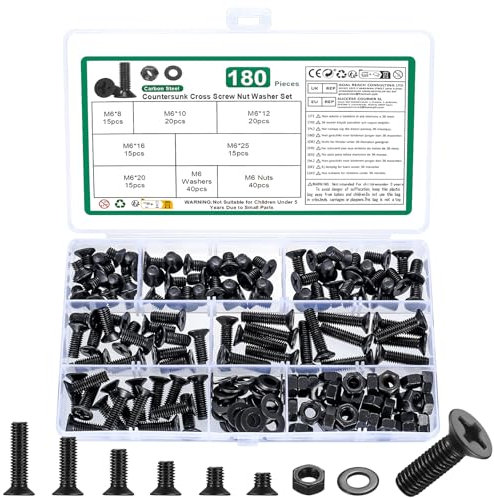 180 Pz M6 Viti e Dadi Set, Bulloni a Testa Svasata Croce, Viti a Testa Piatta con Rondelle, Set di Dadi e Bulloni a Croce Assortimento Kit Nera