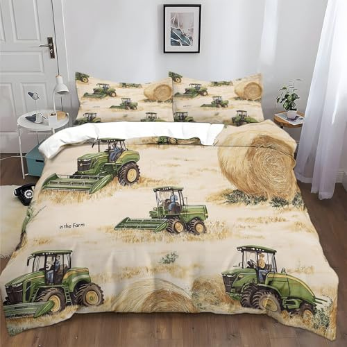 XCQHZYQ Bettwäsche 135x200 cm Länderthema Traktor Kinder Bettwäsche Set 3D Druck Baumwolle Polyester Bettbezug und Kissenbezug 80x80cm mit Reißverschluss