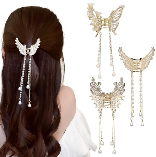 3 Stück Haarklammer,Schmetterling Haarklammer Klein,Metall Haarspangen für Damen,Damen Perlen Strass Haarspange,Modisches Haar-Zubehör, Kopfbedeckung, Styling-Werkzeuge für Party, Hochzeit