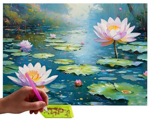 5D Diamond Painting Erwachsene Kinder, Diamant Painting Bilder Seerosen mit Diamond Painting Zubehor, DIY Quadrat Full Drill Crystal Art Basteln Erwachsene, Zuhause Wanddekoration 50x70 cm C-840