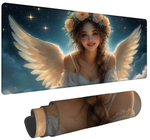 Tapis de Souris Ange Tapis de Souris XXL Déesse 1500x800x4mm Tapis Souris Gamer, sous Main Bureau Ordinateur Portable, Mouse Pad Bords Cousus Caoutchouc Antidérapante, pour Souris et Clavier A-59