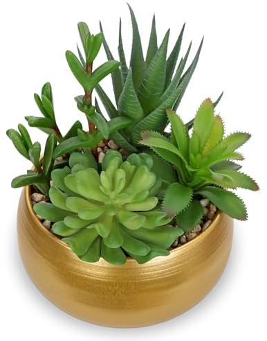 Arborus Plantes succulentes artificielles de 17 cm dans un pot en céramique doré - Plantes succulentes artificielles en pot pour bureau, maison, salle de bain, décoration d'étagère