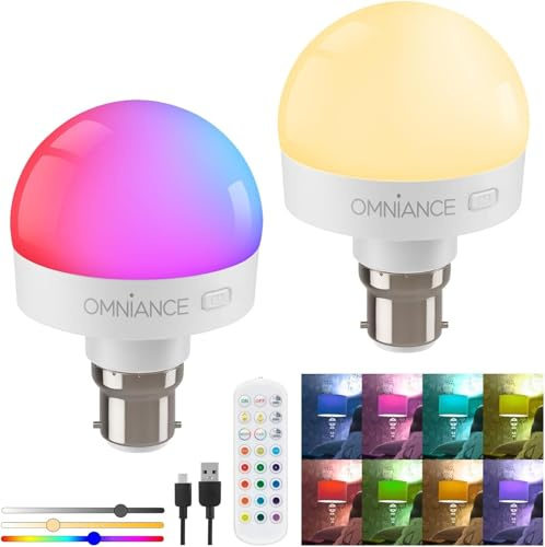 Auraglow Rechargeable Wireless LED Light Bulb with Remote – Battery-Powered, Dimmable, Colour-Changing, B22 Adaptor (2 Pack)
