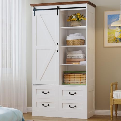 IRONCK Armoire Wardrobe Closet with 4 Drawers,71 Wardrobe Cabinet with Sliding Barn Doors, Tall Clothing Storage Cabinet with Hanging Rod and Shelves for Bedroom, White